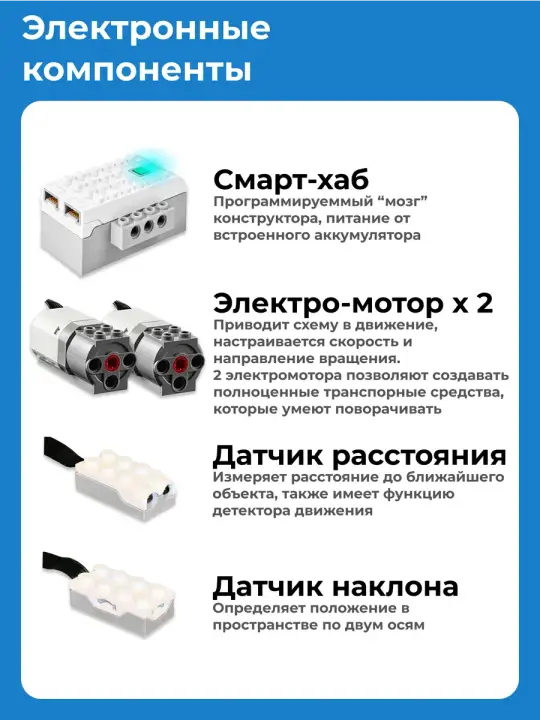 Электронные компоненты набора: СмартХаб (встроенный аккумулятор), два электромотора, датчик расстояния и датчик наклона