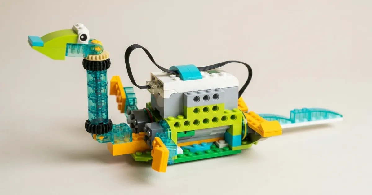 Робот-динозавр плезиозавр из конструктора РобоГуру, совместимого с WeDo 2.0, с длинной шеей и ластами