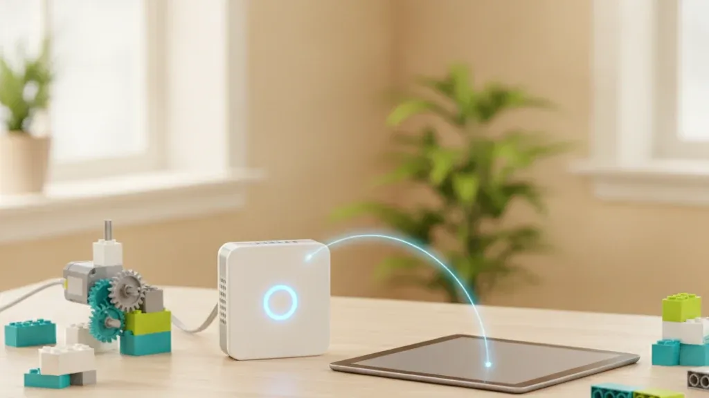 Смарт-хаб WeDo 2.0 с индикатором рядом с планшетом — подключение по Bluetooth