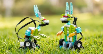 Две собранные модели-робота из конструктора РобоГуру, совместимого с WeDo 2.0, на траве — пример того, что можно собрать из набора