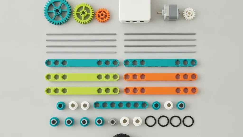 Детали конструктора, совместимого с WeDo 2.0, разложены аккуратными рядами: шестерни, оси, балки, шкивы и ремни