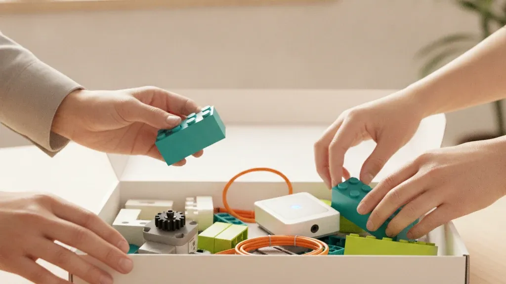 Проверка комплектации набора РобоГуру, совместимого с WeDo 2.0, при получении — руки перебирают детали в коробке
