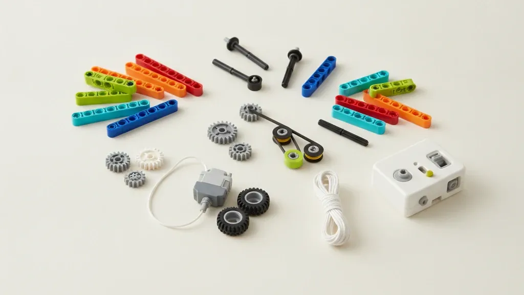 Детали конструктора, совместимого с WeDo 2.0, разложенные группами: балки, шестерни, оси, ремни и шины
