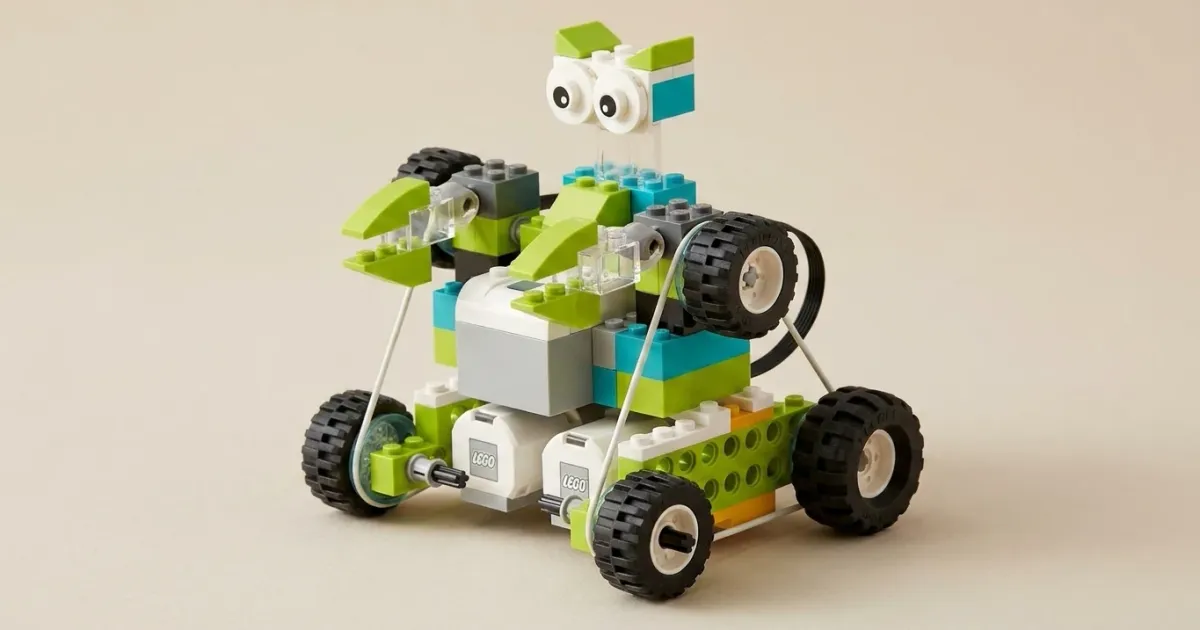 Багги из конструктора РобоГуру, совместимого с WeDo 2.0, с двумя моторами: оба мотора видны в основании модели и приводят задние колёса