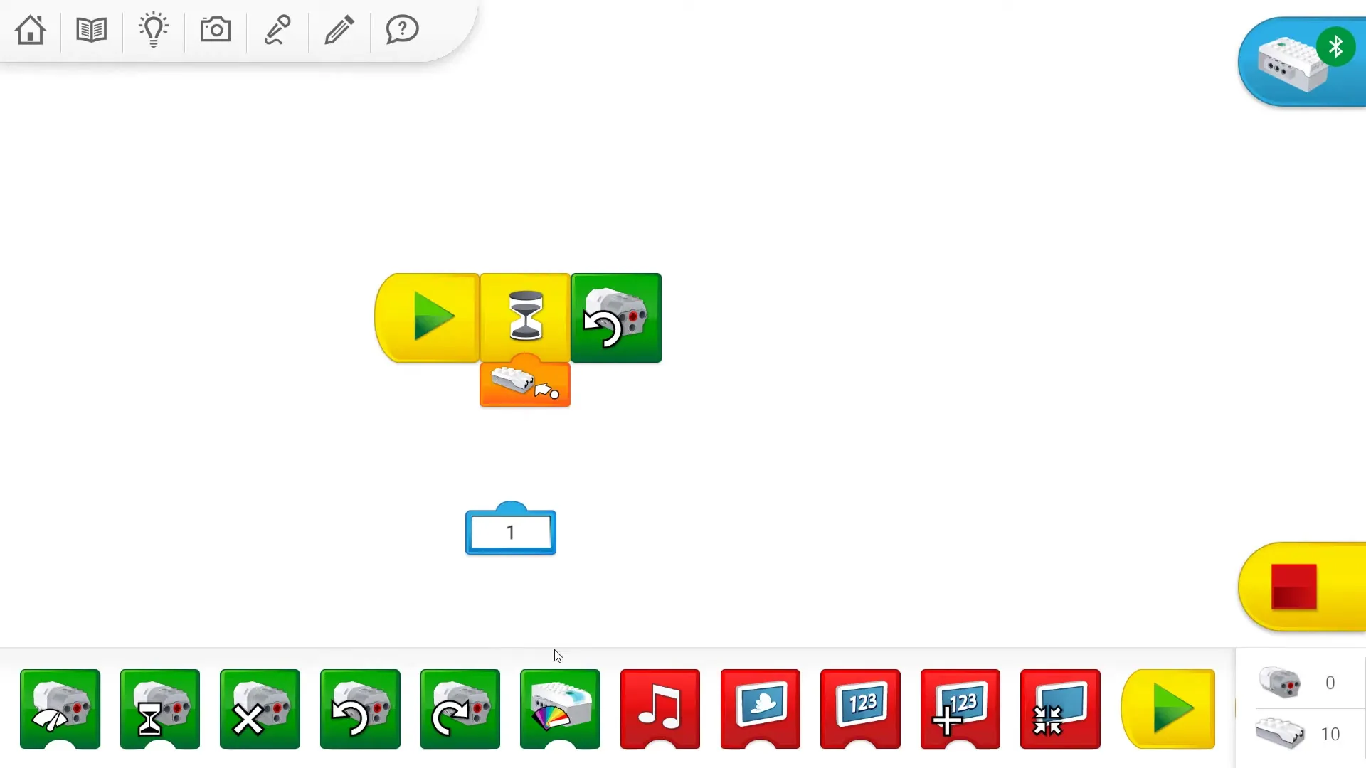 Оранжевый вход датчика, вставленный в жёлтый блок ожидания WeDo 2.0