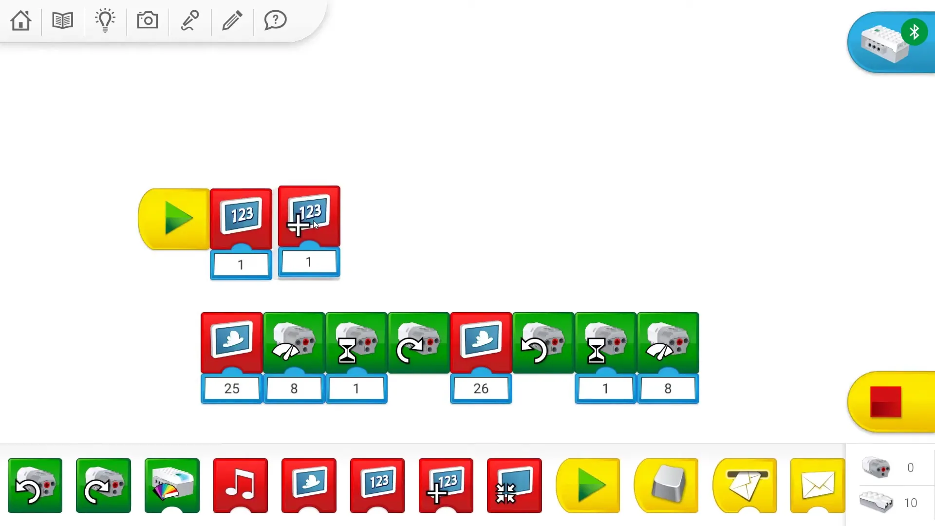Красные блоки экрана WeDo 2.0: вывод числа, прибавление, фоновая картинка