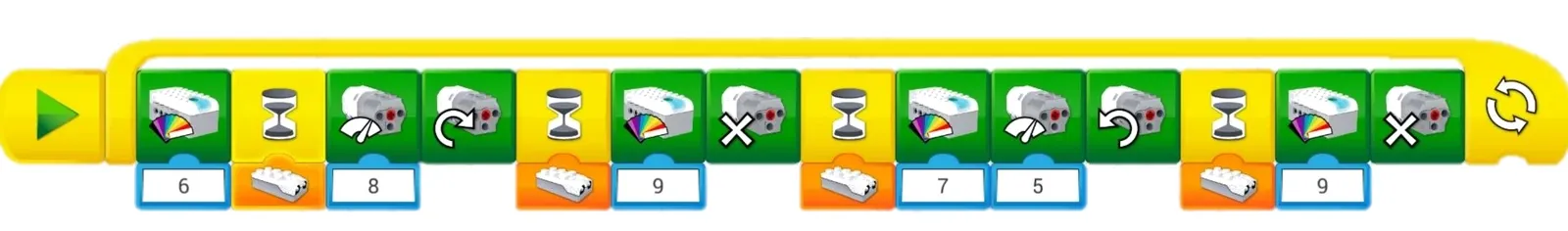 Программа трактора с ковшом в приложении WeDo 2.0: круглый жёлтый блок запуска, жёлтая скоба цикла поверх всей цепочки, четыре жёлтых блока ожидания с оранжевыми входами датчика, между ними зелёные блоки цвета индикатора и мотора с числами 6, 8, 9, 7, 5 и 9 в голубых полях, в конце значок бесконечного повтора