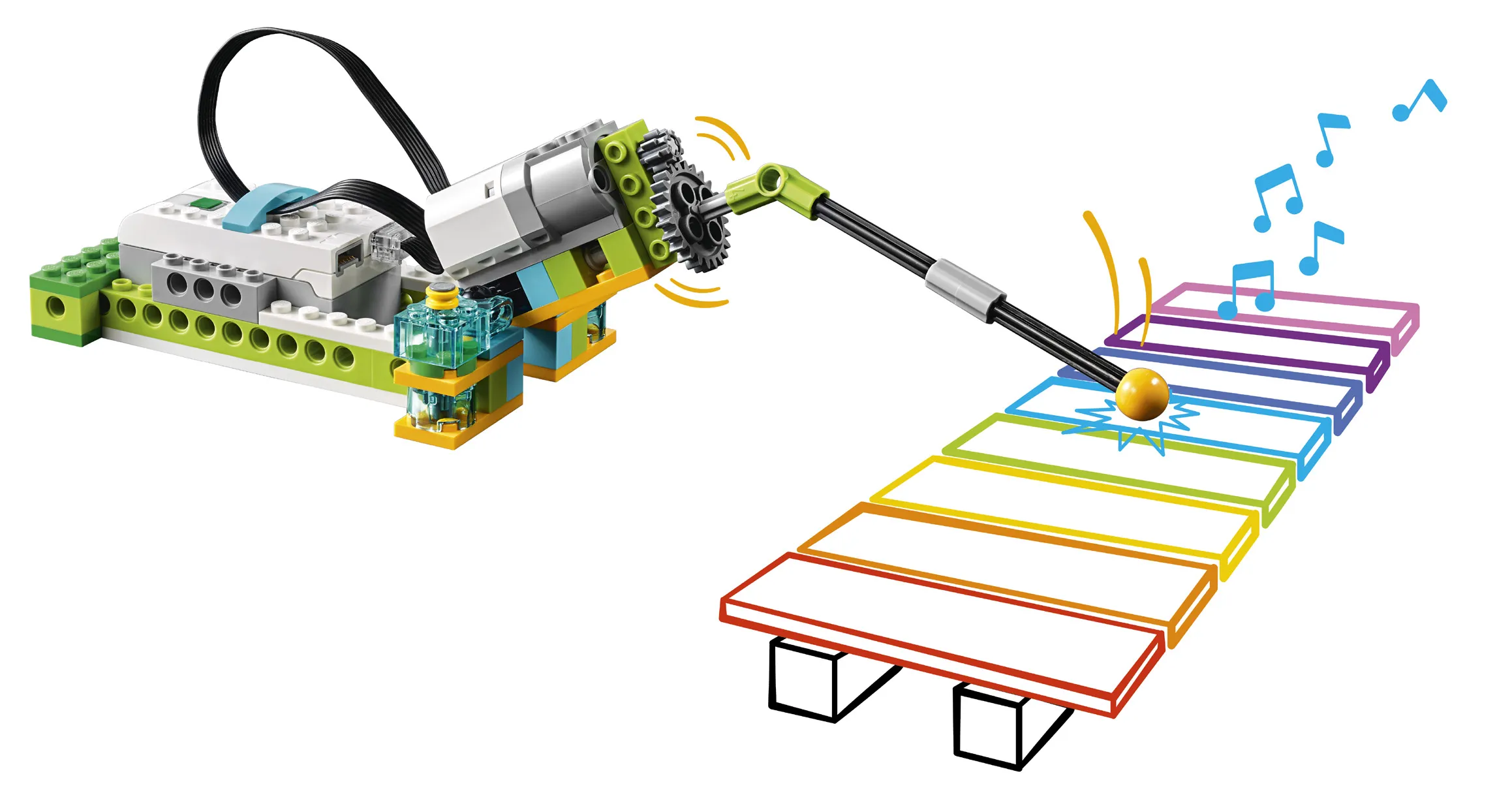 Модель-проигрыватель WeDo 2.0: мотор через рычаг ударяет по разноцветному ксилофону