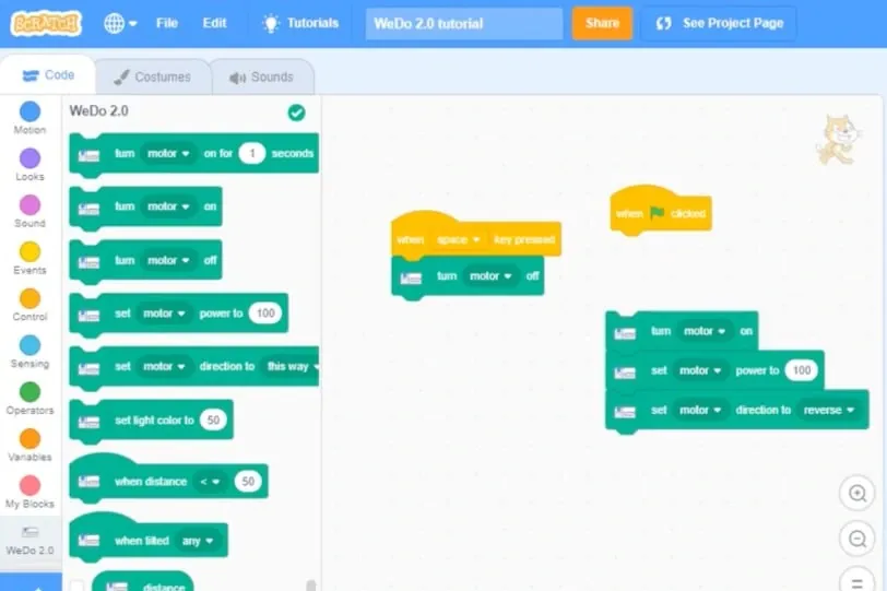 Палитра блоков расширения LEGO WeDo 2.0 в редакторе Scratch 3.0: блоки мотора, индикатора хаба и датчиков