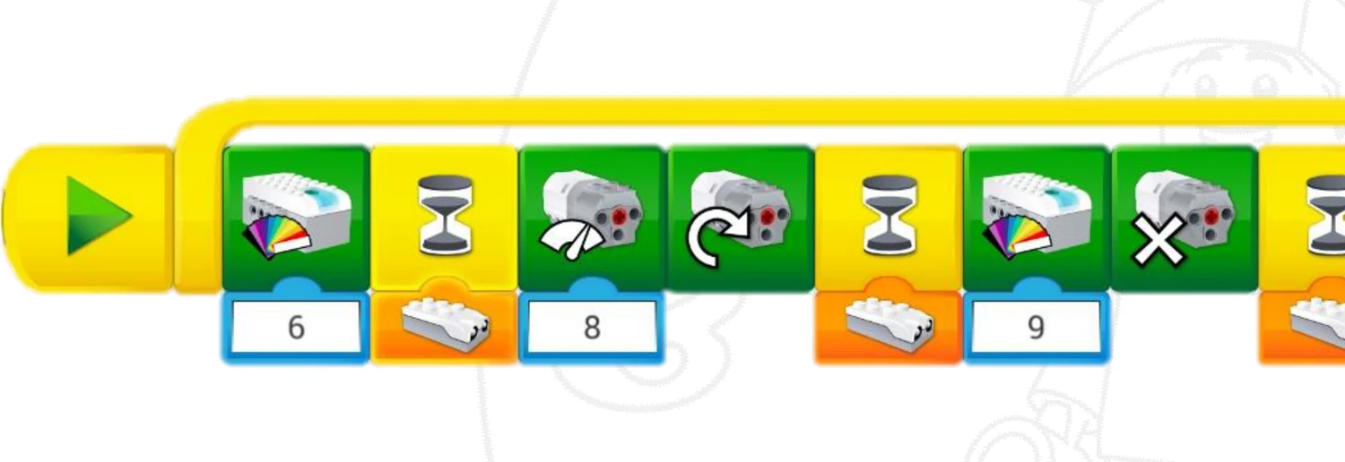 Лента блоков программы WeDo 2.0 из буклета: цвет индикатора, ожидание датчика движения, мощность мотора 8, запуск мотора, снова ожидание и остановка