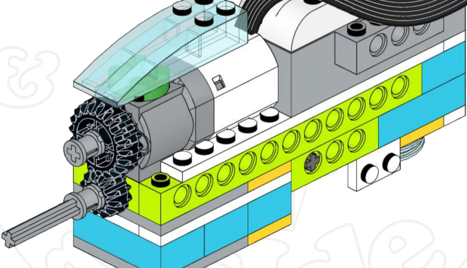 Голова вентилятора изнутри: мотор WeDo 2.0, на его валу чёрная шестерня, сцепленная с меньшей шестернёй на длинной оси, которая уходит вперёд к лопастям